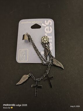 Gunmetal Cross & Wing Charm Ear Cuff Necklace